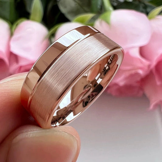 6mm & 8mm Offset Groove Two Tone Rose Gold Color Tungsten Unisex Rings