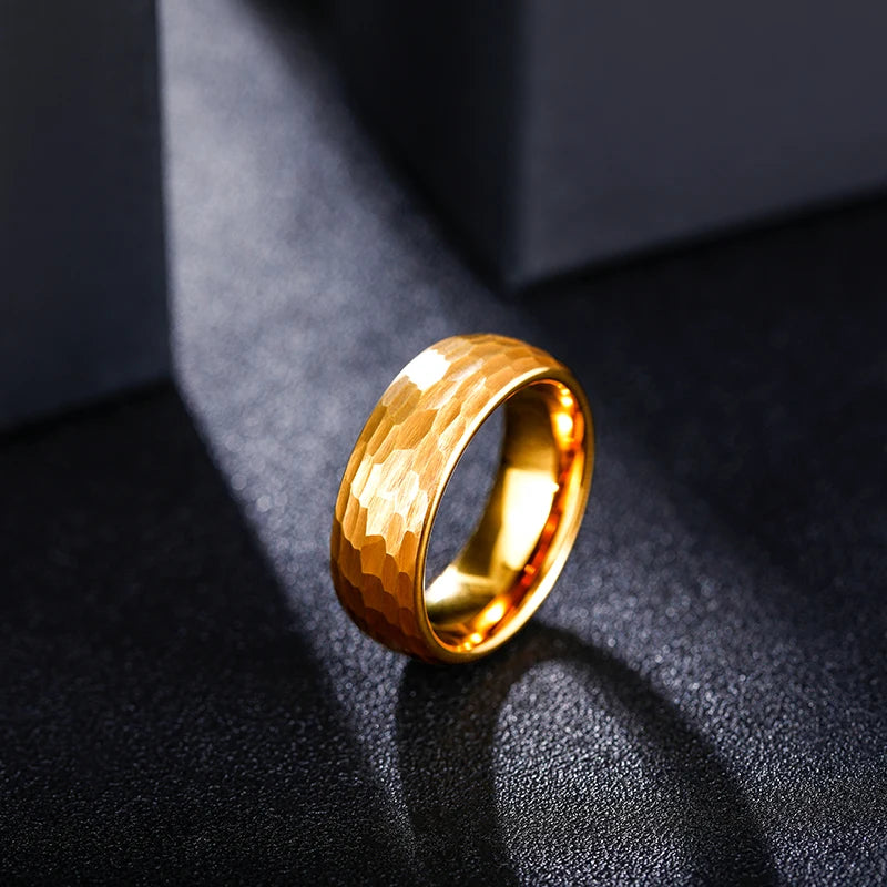 8mm Honey Gold Hammered Pattern Tungsten Unisex Ring