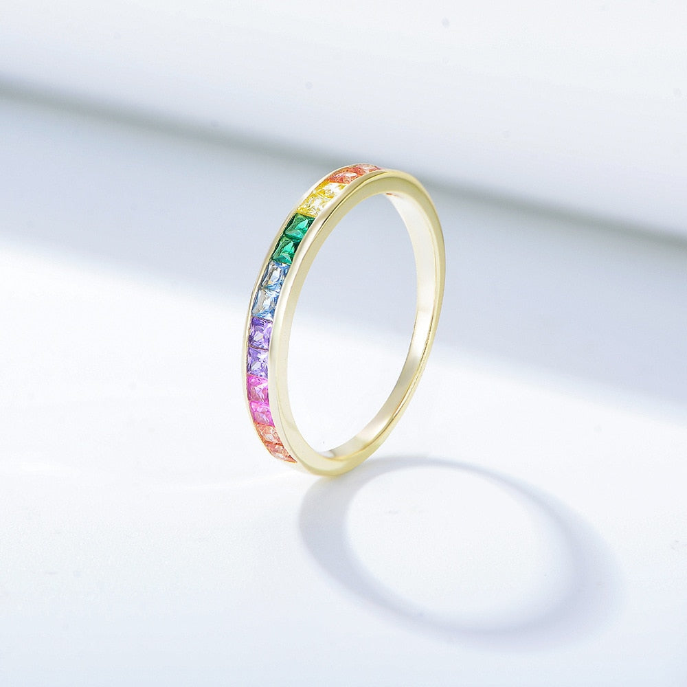 14k Gold Plated & Colorful Rainbow AAAAA Zircons 925 Sterling Silver Women Ring