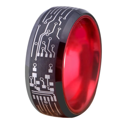 8mm Computer Circuit Board Black & Red Gamer Mens Ring