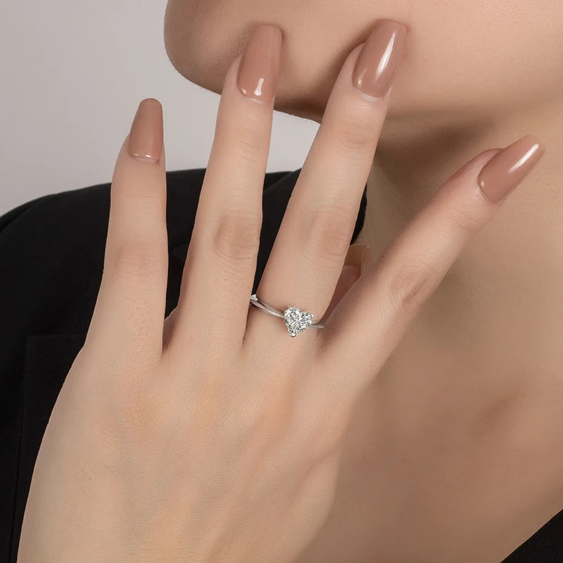 Women's Heart Cut Lab-Created Stone Ring — Silver-Finish Solitaire Engagement Band