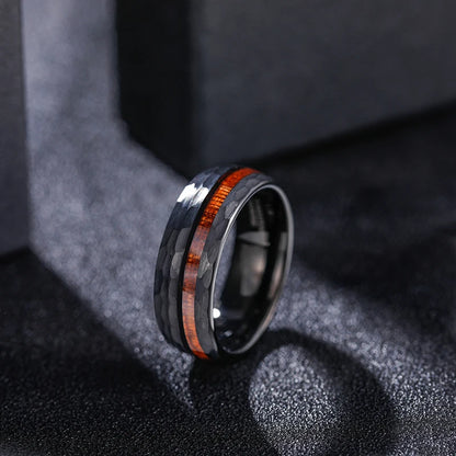 8mm Off-Centre Wood Inlay Hammered Black Tungsten Men's Ring