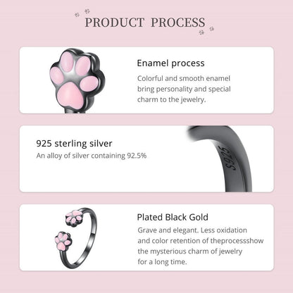 Cute Cat & Dog Pets Pink Paw Prints 925 Sterling Silver Adjustable Women's Ring
