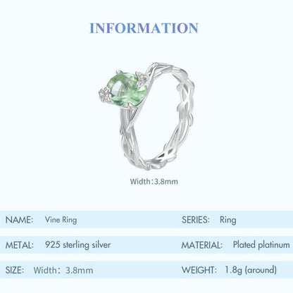 Green Round Gemstone Vine 925 Sterling Silver Women's Ring