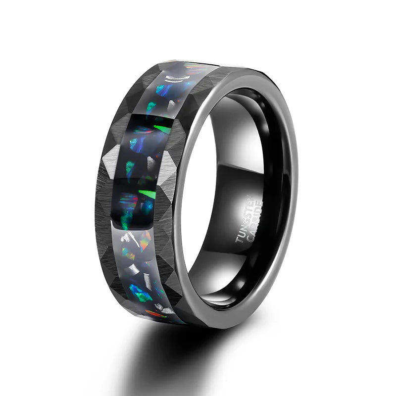 8mm Galaxy Opal & Metal Slag Inlay Hammered Edges Black Tungsten Men's Ring