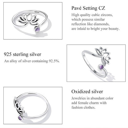 Hollow Lotus Flower & Cubic Zirconia 925 Sterling Sliver Adjustable Women's Rings (2 Colors)