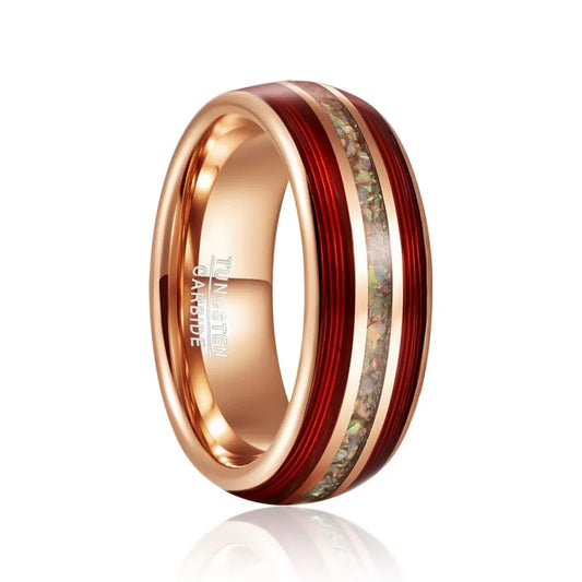 8mm Red Guitar String & Opal Rose Gold Tungsten Unisex Ring