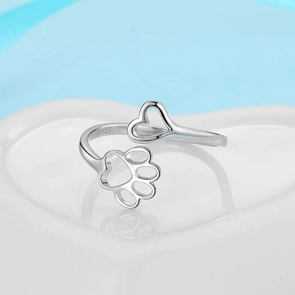 Paw Print & Love Heart Dog Cat Pets 925 Sterling Silver Adjustable Women's Ring