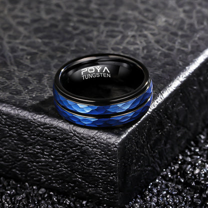 8mm Blue Hammered With Groove Black Tungsten Men's Ring
