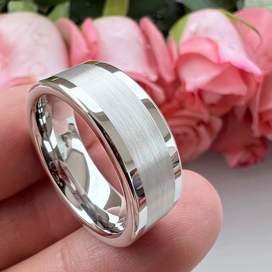 6mm & 8mm Silvery White Centre Brushed & Polished Edges Tungsten Rings