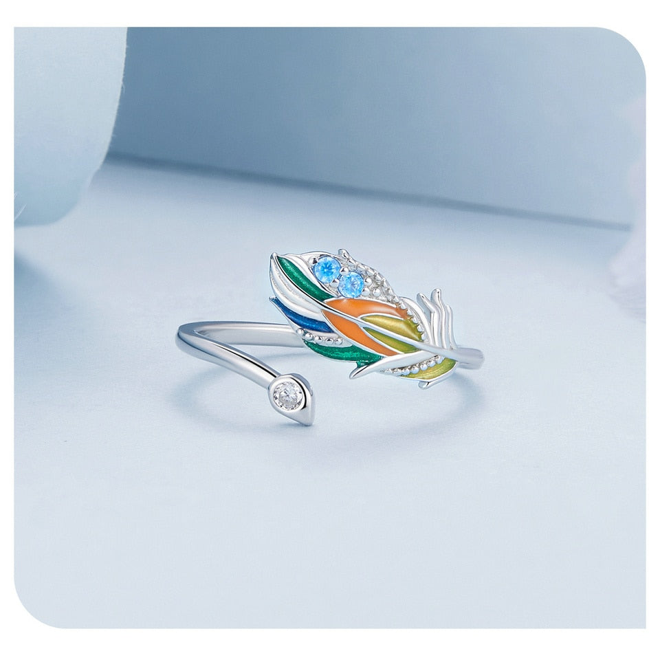 Colorful Peacock Feather Pave Setting CZ Stones 925 Sterling Silver Adjustable Women's Ring