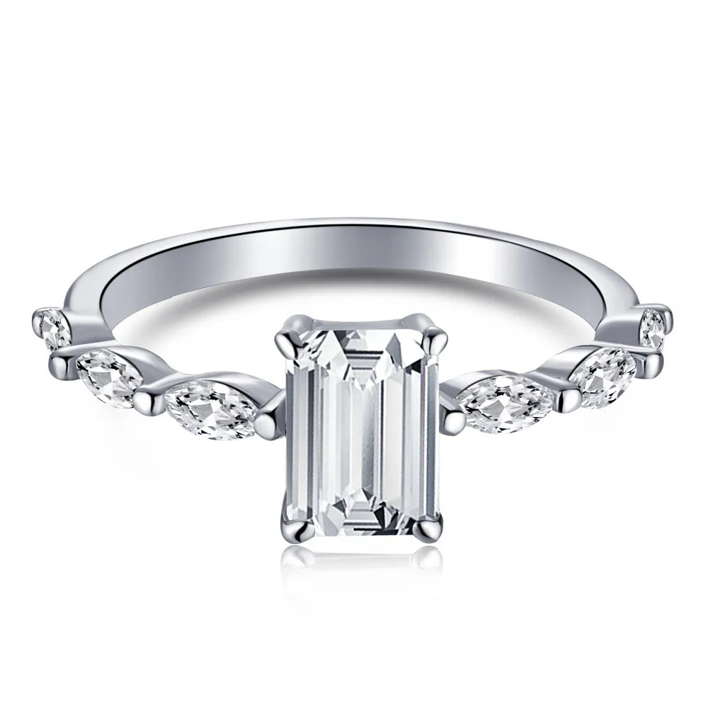 Emerald Cut Created CZ Stone 925 Sterling Silver Women's Ring (Pink, Green or Clear Stone)