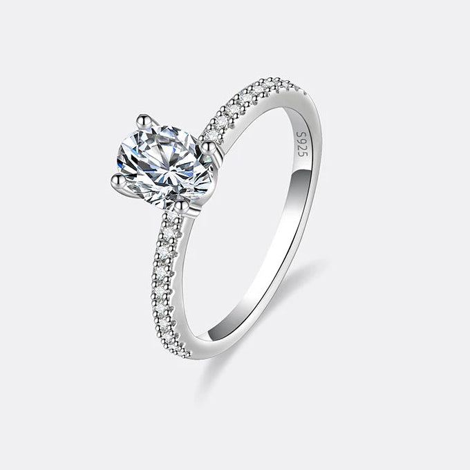 Women's Oval Cut Lab-Created Stone Ring — Silver-Finish Pavé Engagement Band