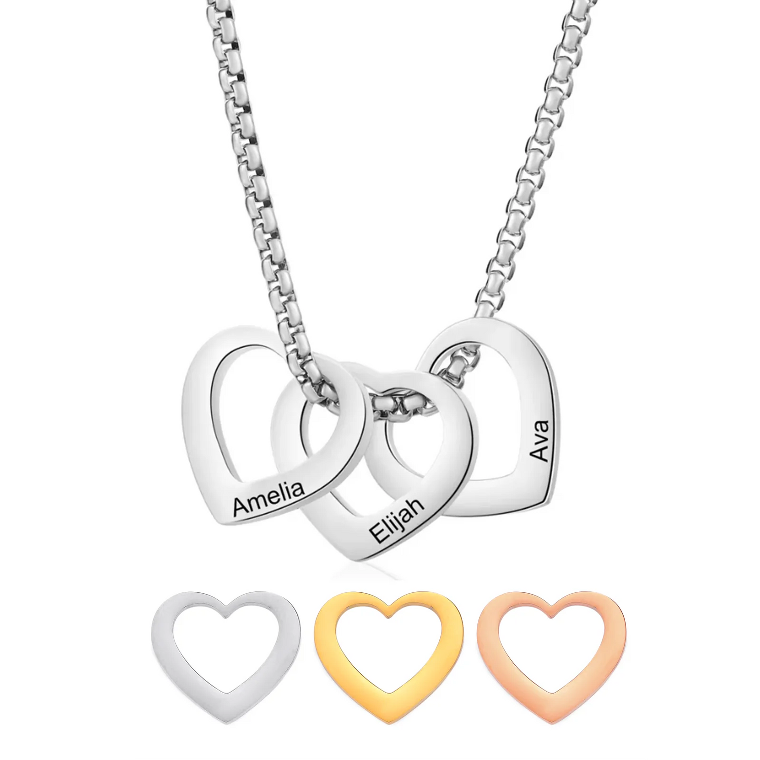 Polished Stainless Steel Hollow Heart Necklace – 1 to 5 Name Engravings (Women’s) - Necklaces