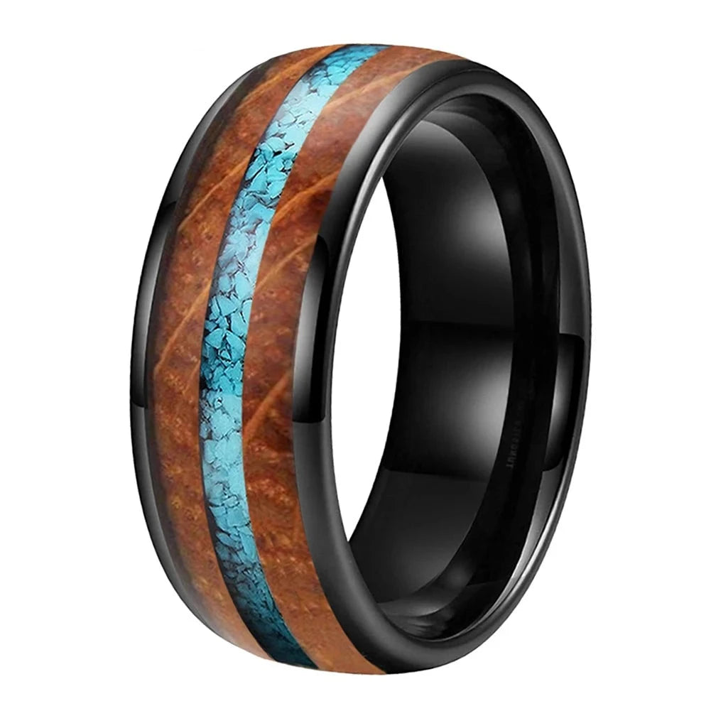 8mm Crushed Turquoise Inlay & Whisky Wood Men's Rings(4 Colors)