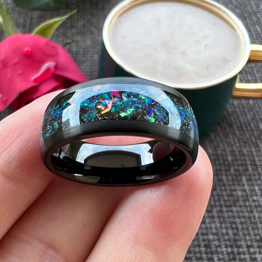 8mm Galaxy Opal Black Tungsten Unisex Ring