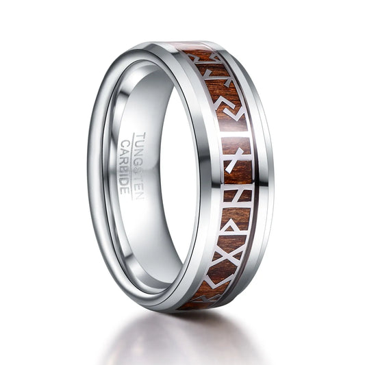 8mm Retro Phoenician Text Viking Pattern Wood Inlay Silver Tungsten Men's Ring