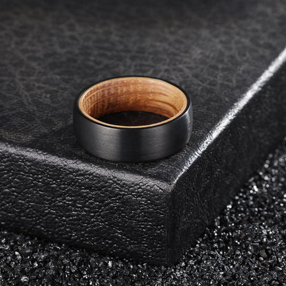 8mm Whiskey Barrel Wood & Black Domed Brushed Tungsten Men's Ring
