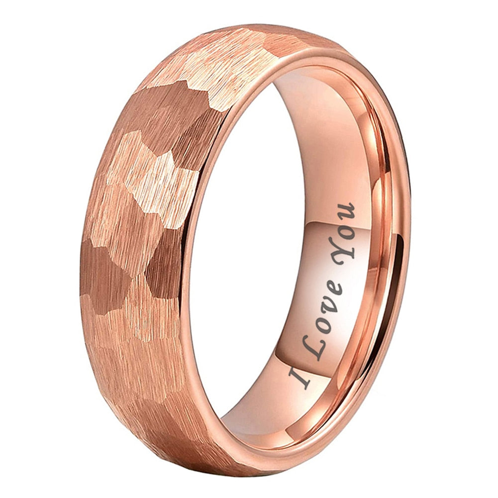 4mm, 6mm or 8mm I Love You Engraved Hammered Rose Gold Tungsten Unisex Ring