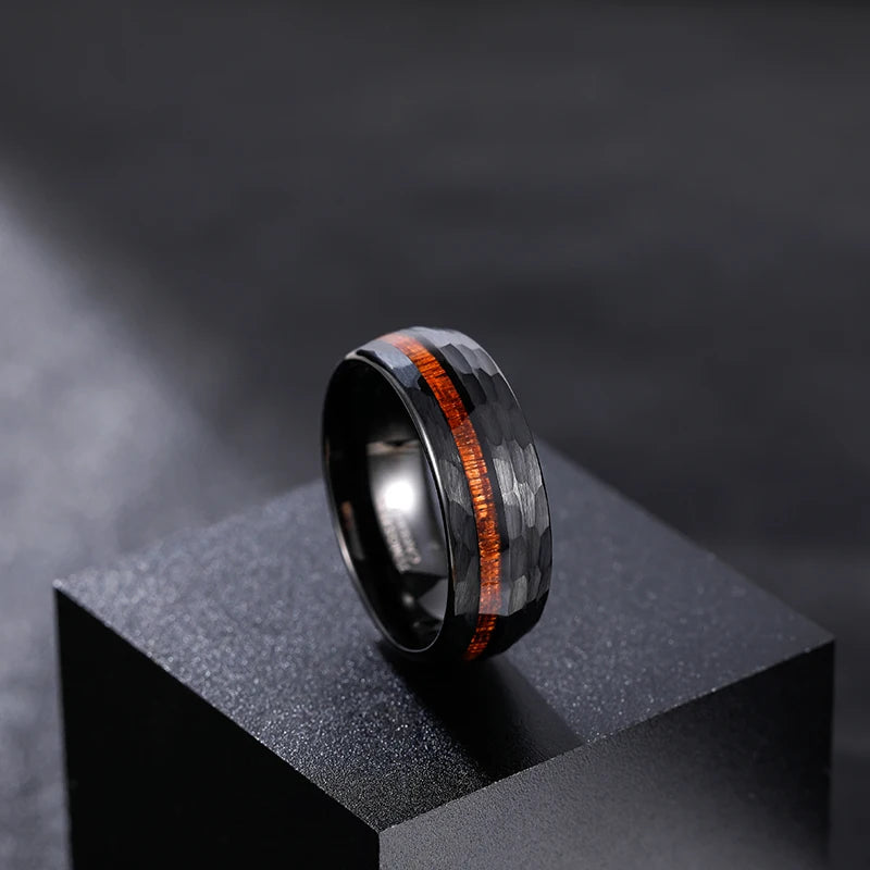 8mm Off-Centre Wood Inlay Hammered Black Tungsten Men's Ring
