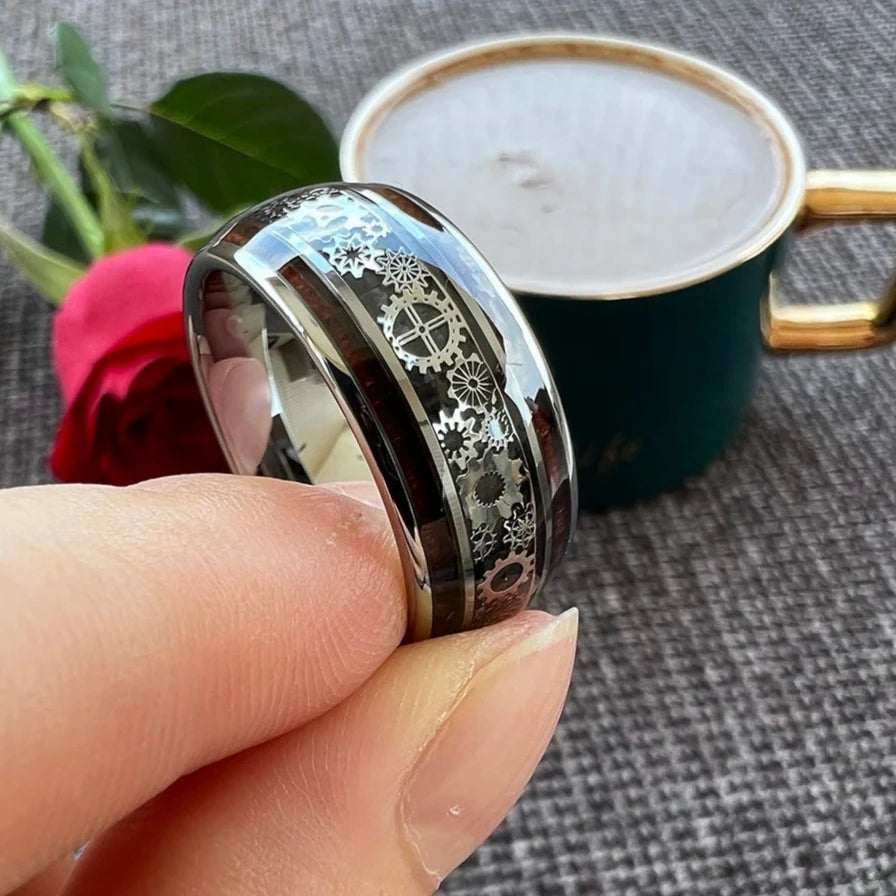 10mm Mechanical Gears Pattern With Wood Inlay Tungsten Men's Ring