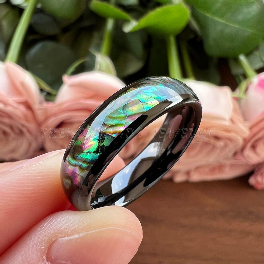 6mm Domed Abalone Shell Inlay & Polished Black Tungsten Unisex Rings