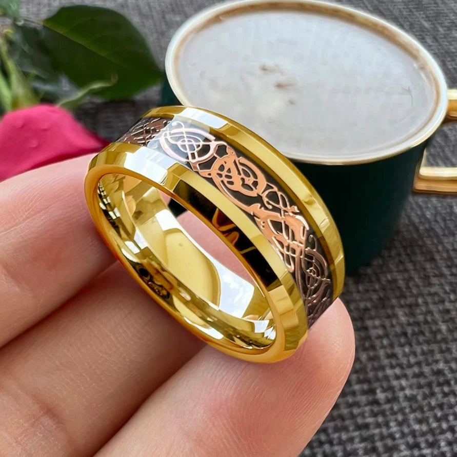 8mm Rose Gold Dragon Beveled Polished Edges Men's Ring (5 Colors)