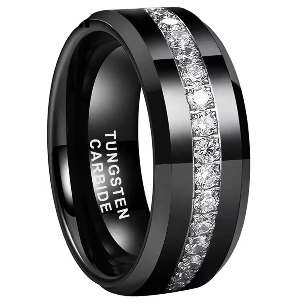 8mm Paved Cubic Zirconia Stone Inlay Beveled Edges Black Tungsten Men's Ring (2 Colors)