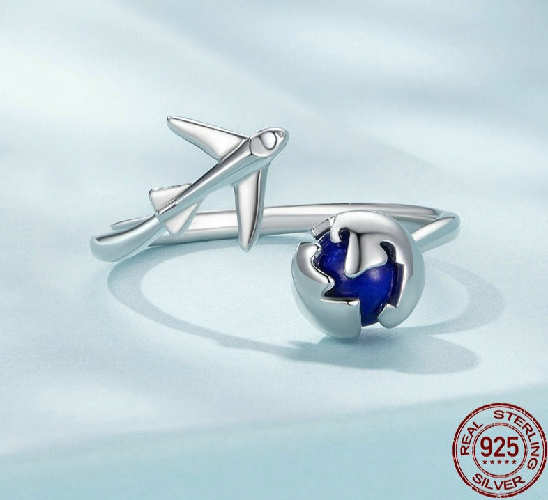 Travel Airplane Blue Earth Adventure 925 Sterling Silver Women's Ring