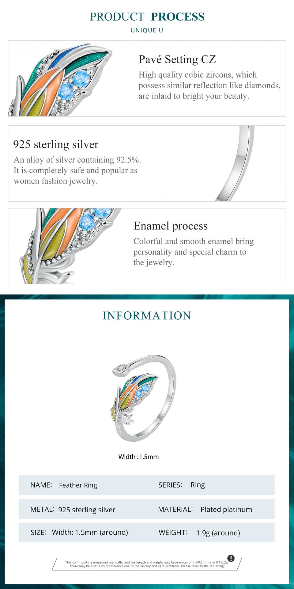 Colorful Peacock Feather Pave Setting CZ Stones 925 Sterling Silver Adjustable Women's Ring