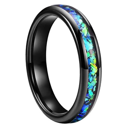 4mm Blue Green Opal Fragments Domed Polished Tungsten Unisex Ring (4 Colors)