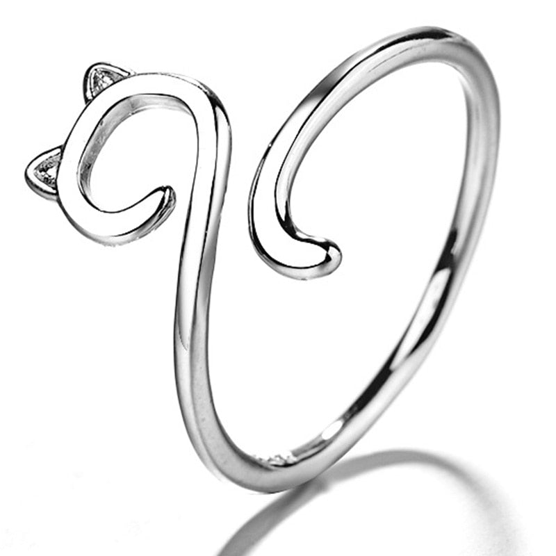 Cute Cat 925 Sterling Silver Silver Adjustable Women's Ring