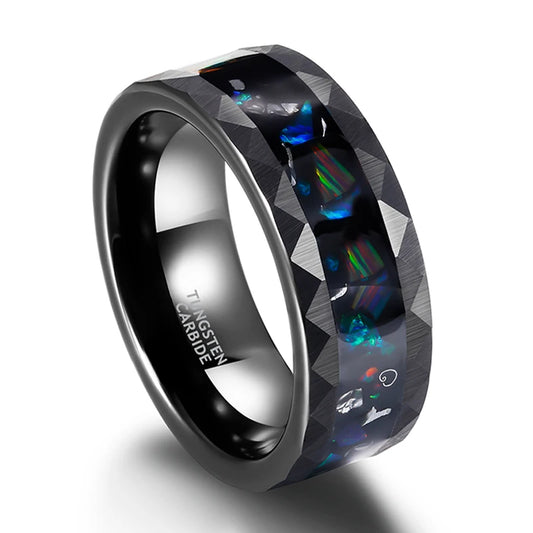 8mm Galaxy Opal & Metal Slag Inlay Hammered Edges Black Tungsten Men's Ring