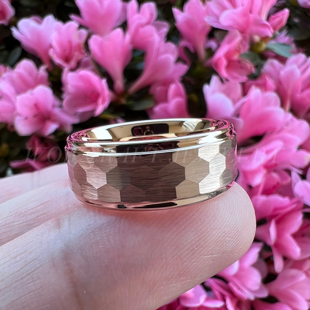 6mm, 8mm Hammered Tungsten Unisex Rose Gold Rings
