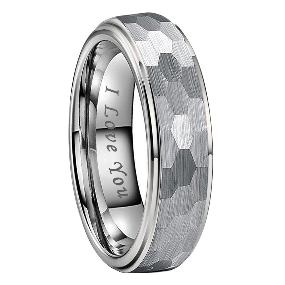 6mm, 8mm I Love You Engraved Hammered Tungsten Silver Unisex Ring