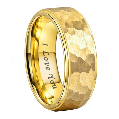 6mm, 8mm I Love You Engraved Hammered Gold Color Tungsten Unisex Ring