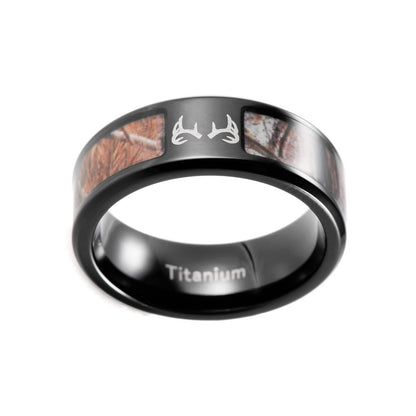 Deer Antler & Camo Design Black Titanium Men's Ring
