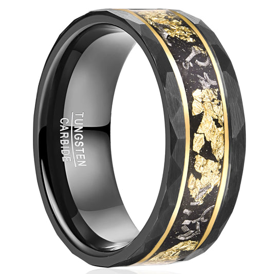 8mm Meteorite & Gold Foil Hammered Black Tungsten Men's Ring