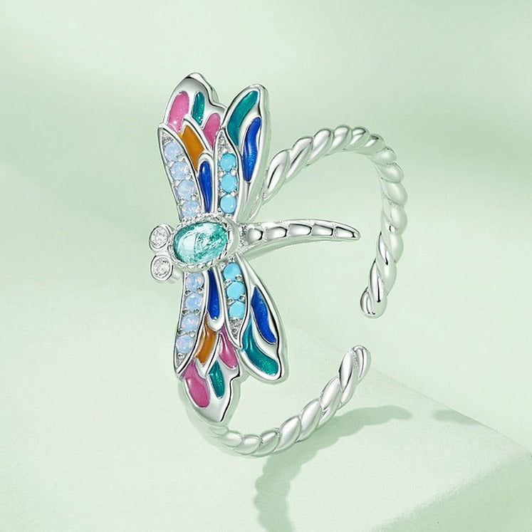Colorful Dragonfly Nature 925 Sterling Silver Adjustable Women's Ring
