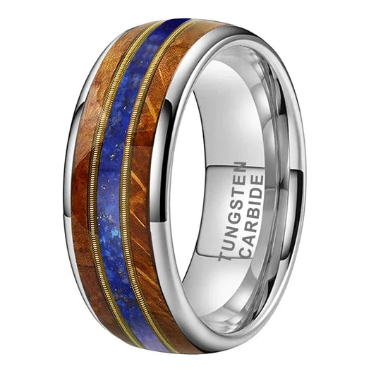8mm Guitar String Lapis Inlay Whisky Wood Tungsten Unisex Ring (3 Colors)
