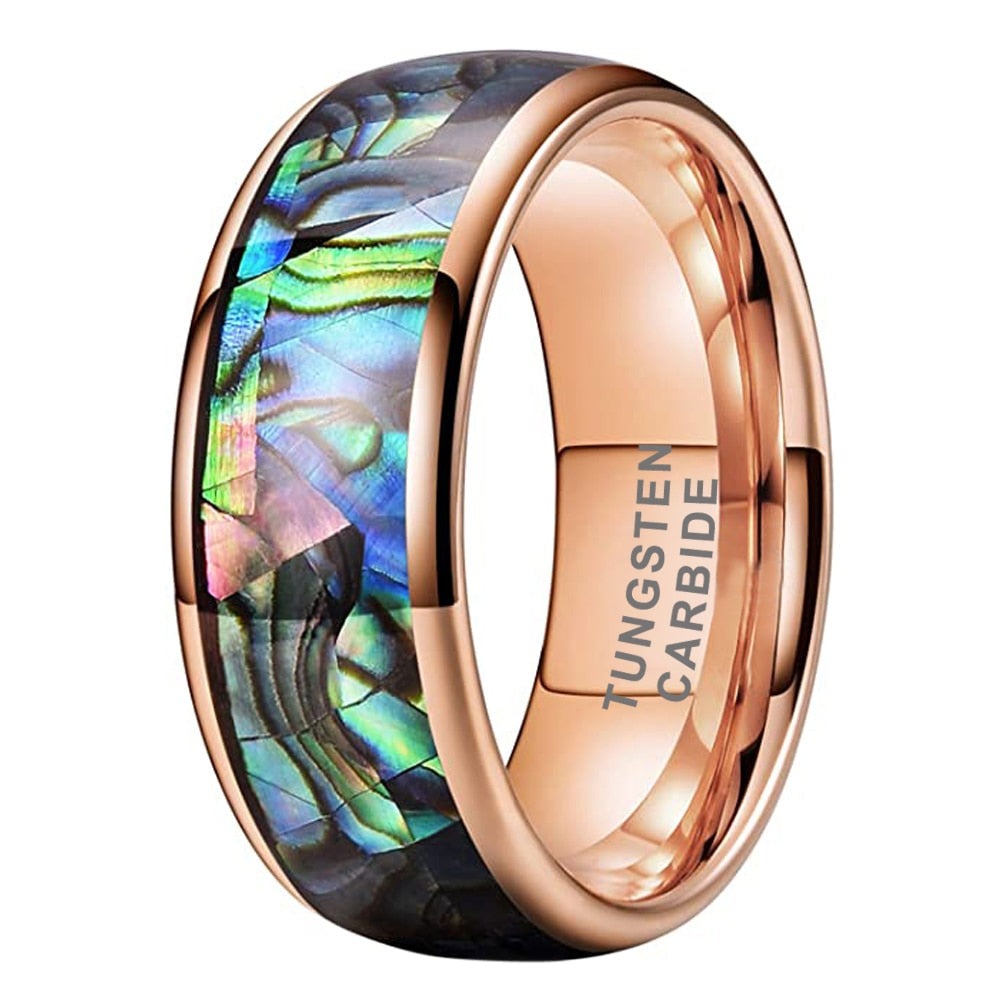 8mm Domed Abalone Shell Inlay & Polished Rose Gold Tungsten Unisex Rings