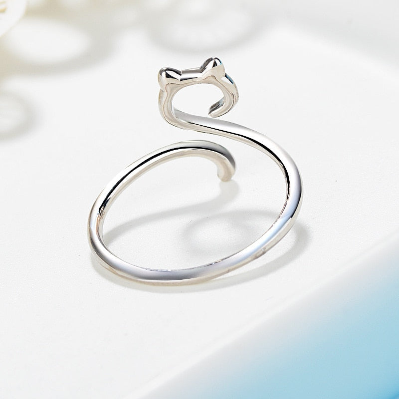 Cute Cat 925 Sterling Silver Silver Adjustable Women's Ring