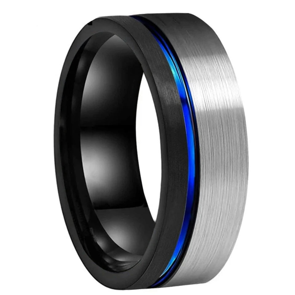 8mm Blue Offset Grooved Black & Silver Two Tone Tungsten Men's Ring (3 Styles)