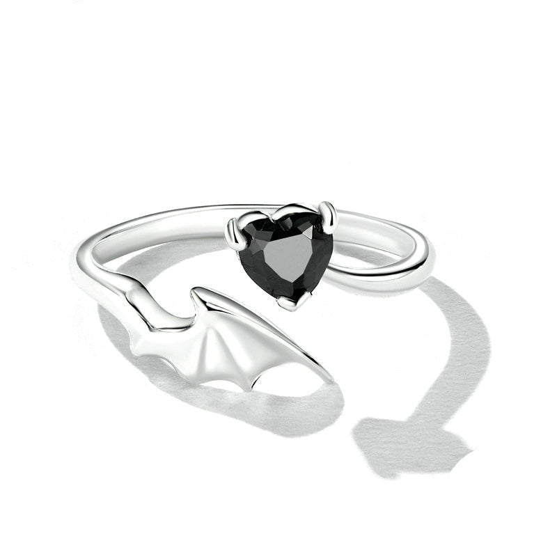 Black Zircon Heart Zircon & Dragon Halloween Wing 925 Sterling Silver Adjustable Women's Ring