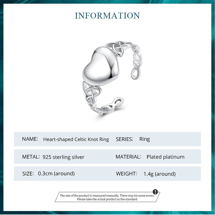 Celtic Knot Big Heart 925 Sterling Women's Adjustable Ring