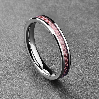 4mm Pink Carbon Fiber & Polished Silver Tungsten Unisex Ring