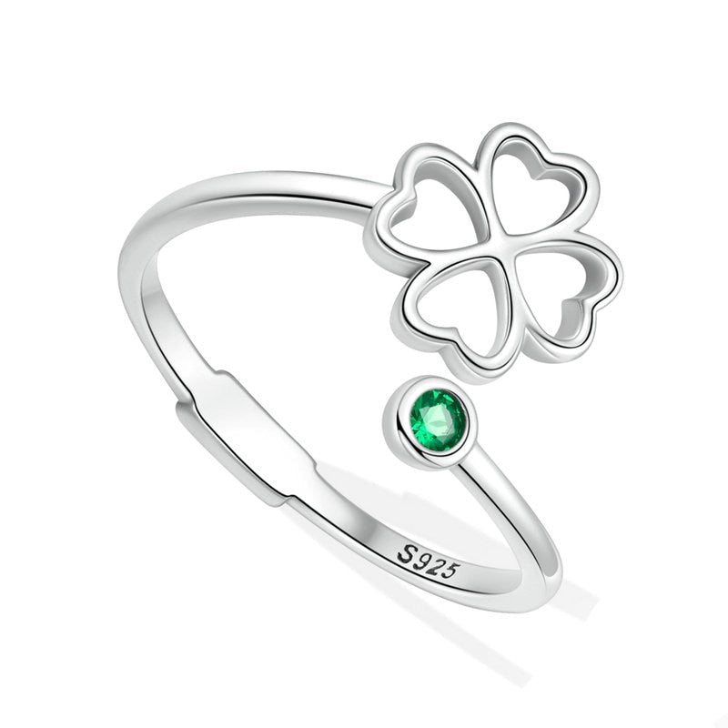 Irish St Patrick's Day Four Leaf Clover & Green Cubic Zirconia 925 Sterling Silver Adjustable Women's Ring (3 Colors)
