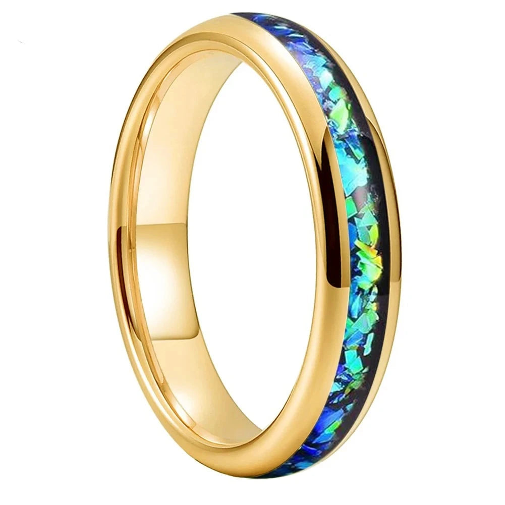4mm Blue Green Opal Fragments Domed Polished Tungsten Unisex Ring (4 Colors)