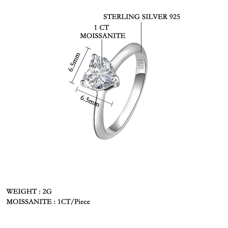 Silver ring with moissanite gemstone on a white background, featuring product details.