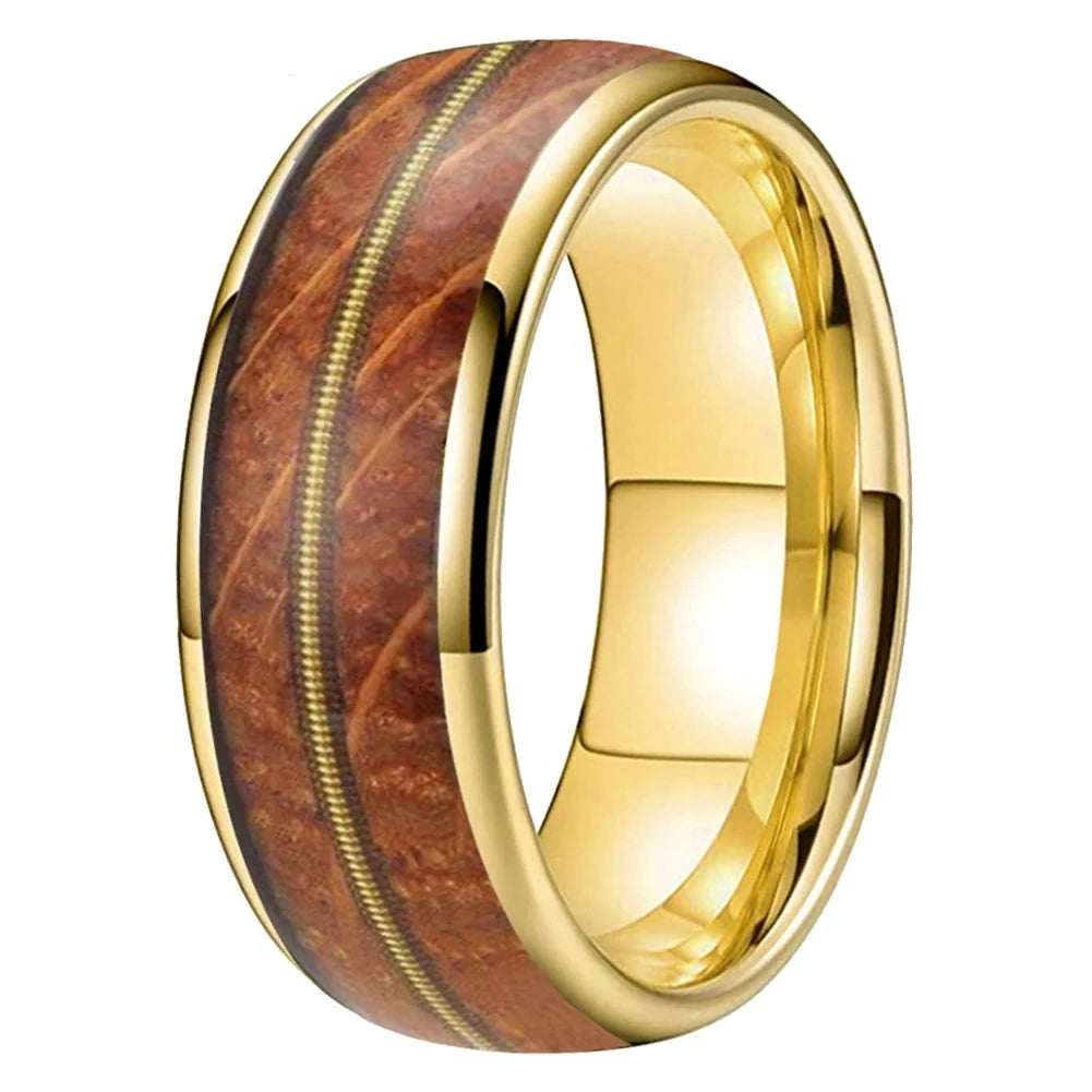 8mm Golden Guitar String Whisky Barrel Oak Wood Tungsten Unisex Ring (4 Colors)